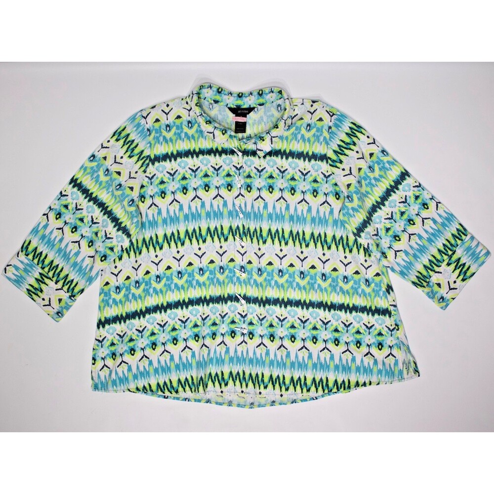 Ali Miles Plus Size 1X Green White Stripe Abstract Blouse Shirt Top Artsy Career